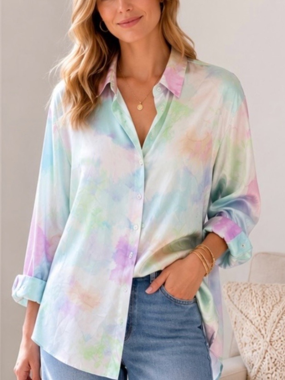 Zara Pastel Watercolor Longline Silk Shirt - Pink, Green, Blue